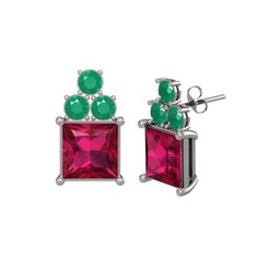 Rodolit garnet ve kök zümrüt 14 ayar beyaz altın küpe