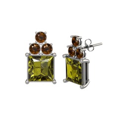Peridot ve dumanlı kuvars 18 ayar beyaz altın küpe