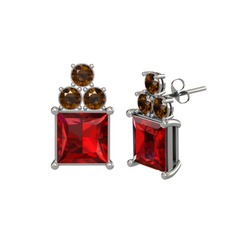 Garnet ve dumanlı kuvars 18 ayar beyaz altın küpe