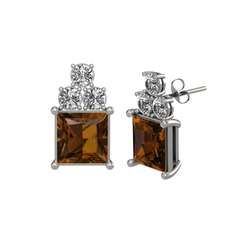 Dumanlı kuvars ve beyaz zirkon 14 ayar beyaz altın küpe