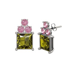 Peridot ve pembe kuvars 14 ayar beyaz altın küpe
