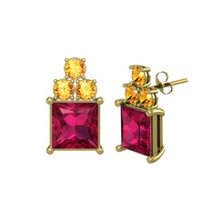 Areli Kare Küpe - Rodolit garnet ve sitrin 14 ayar altın küpe #o48mgf