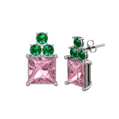 Areli Kare Küpe - Pembe kuvars ve yeşil kuvars 8 ayar beyaz altın küpe #omcoyz