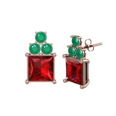Garnet ve kök zümrüt 14 ayar rose altın küpe