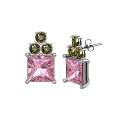 Areli Kare Küpe - Pembe kuvars ve peridot 8 ayar beyaz altın küpe #uh3tnk