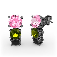 Pembe kuvars, peridot ve siyah zirkon 925 ayar siyah rodyum kaplama gümüş küpe