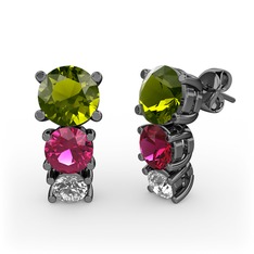 Scala Küpe - Peridot, rodolit garnet ve pırlanta 925 ayar siyah rodyum kaplama gümüş küpe (0.22 karat) #109zm4f