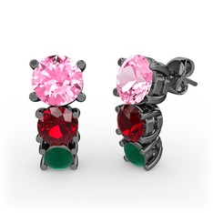 Scala Küpe - Pembe kuvars, garnet ve kök zümrüt 925 ayar siyah rodyum kaplama gümüş küpe #10haxnm