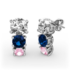 Swarovski, lab safir ve pembe kuvars 14 ayar beyaz altın küpe