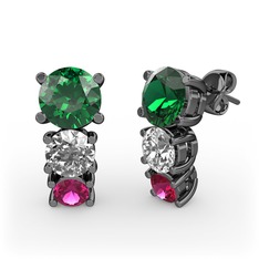 Yeşil kuvars, pırlanta ve rodolit garnet 925 ayar siyah rodyum kaplama gümüş küpe (0.48 karat)