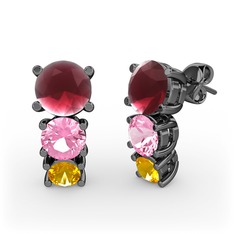 Scala Küpe - Kök yakut, pembe kuvars ve sitrin 925 ayar siyah rodyum kaplama gümüş küpe #10pqskq