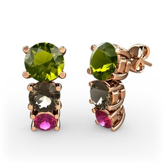 Scala Küpe - Peridot, dumanlı kuvars ve rodolit garnet 18 ayar rose altın küpe #10yu198