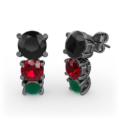 Scala Küpe - Siyah zirkon, garnet ve kök zümrüt 925 ayar siyah rodyum kaplama gümüş küpe #1171gyc