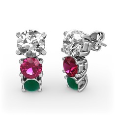 Beyaz zirkon, rodolit garnet ve kök zümrüt 8 ayar beyaz altın küpe