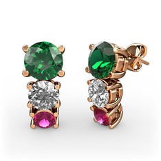 Yeşil kuvars, beyaz zirkon ve rodolit garnet 18 ayar rose altın küpe