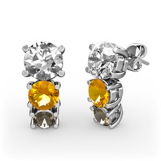 Swarovski, sitrin ve dumanlı kuvars 18 ayar beyaz altın küpe