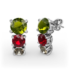 Peridot, garnet ve dumanlı kuvars 18 ayar beyaz altın küpe