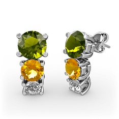 Peridot, sitrin ve beyaz zirkon 14 ayar beyaz altın küpe