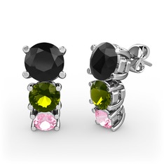 Scala Küpe - Siyah zirkon, peridot ve pembe kuvars 14 ayar beyaz altın küpe #12ecy7w