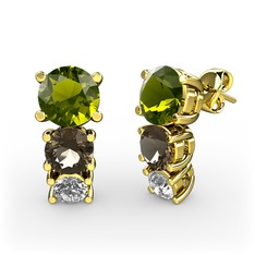 Peridot, dumanlı kuvars ve beyaz zirkon 8 ayar altın küpe