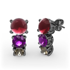 Kök yakut, ametist ve dumanlı kuvars 925 ayar siyah rodyum kaplama gümüş küpe