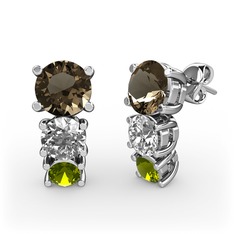 Dumanlı kuvars, beyaz zirkon ve peridot 18 ayar beyaz altın küpe