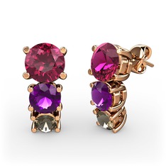 Rodolit garnet, ametist ve dumanlı kuvars 14 ayar rose altın küpe