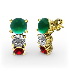 Kök zümrüt, swarovski ve garnet 14 ayar altın küpe