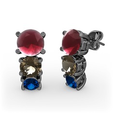 Scala Küpe - Kök yakut, dumanlı kuvars ve lab safir 925 ayar siyah rodyum kaplama gümüş küpe #147894q