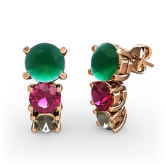 Scala Küpe - Kök zümrüt, rodolit garnet ve dumanlı kuvars 14 ayar rose altın küpe #14d2k89