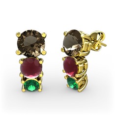 Scala Küpe - Dumanlı kuvars, kök yakut ve yeşil kuvars 18 ayar altın küpe #14pqfqd