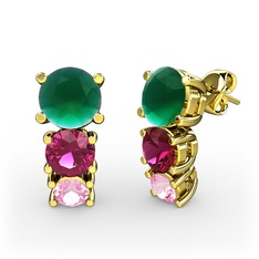 Scala Küpe - Kök zümrüt, rodolit garnet ve pembe kuvars 8 ayar altın küpe #14zgcrm