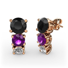 Scala Küpe - Siyah zirkon, ametist ve pırlanta 18 ayar rose altın küpe (0.22 karat) #15gug0i