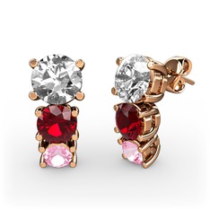 Beyaz zirkon, garnet ve pembe kuvars 14 ayar rose altın küpe