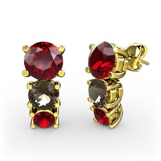 Garnet ve dumanlı kuvars 14 ayar altın küpe