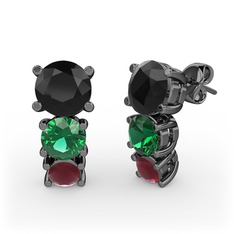Scala Küpe - Siyah zirkon, yeşil kuvars ve kök yakut 925 ayar siyah rodyum kaplama gümüş küpe #18kn86m