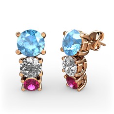 Akuamarin, beyaz zirkon ve rodolit garnet 14 ayar rose altın küpe