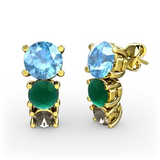 Scala Küpe - Akuamarin, kök zümrüt ve dumanlı kuvars 14 ayar altın küpe #19t2rth