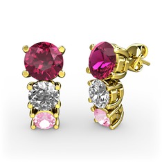 Rodolit garnet, pırlanta ve pembe kuvars 925 ayar altın kaplama gümüş küpe (0.48 karat)
