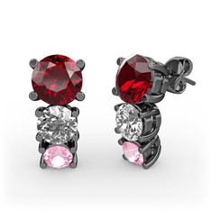 Scala Küpe - Garnet, pırlanta ve pembe kuvars 925 ayar siyah rodyum kaplama gümüş küpe (0.48 karat) #1a9k8i6