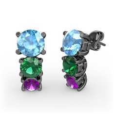 Scala Küpe - Akuamarin, yeşil kuvars ve ametist 925 ayar siyah rodyum kaplama gümüş küpe #1aaqd1b