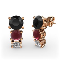 Scala Küpe - Siyah zirkon, kök yakut ve pırlanta 18 ayar rose altın küpe (0.22 karat) #1af1mo7