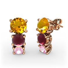 Scala Küpe - Sitrin, kök yakut ve pembe kuvars 8 ayar rose altın küpe #1aud81k