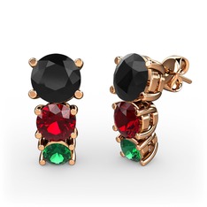 Siyah zirkon, garnet ve yeşil kuvars 14 ayar rose altın küpe