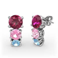 Rodolit garnet, pembe kuvars ve akuamarin 8 ayar beyaz altın küpe