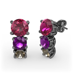 Rodolit garnet, ametist ve dumanlı kuvars 925 ayar siyah rodyum kaplama gümüş küpe