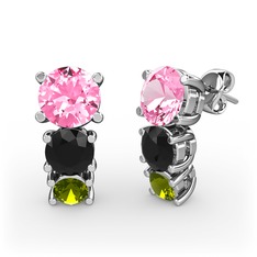 Scala Küpe - Pembe kuvars, siyah zirkon ve peridot 14 ayar beyaz altın küpe #1d21o21