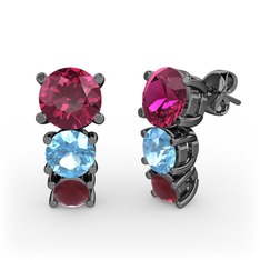 Scala Küpe - Rodolit garnet, akuamarin ve kök yakut 925 ayar siyah rodyum kaplama gümüş küpe #1d5penl