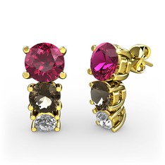 Rodolit garnet, dumanlı kuvars ve pırlanta 18 ayar altın küpe (0.22 karat)