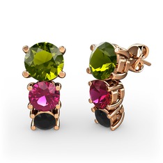 Scala Küpe - Peridot, rodolit garnet ve siyah zirkon 14 ayar rose altın küpe #1dnds40